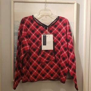 Adrienne Vittadini Christmas Sweater + Wristlet  L P Women's Red/Black Plaid